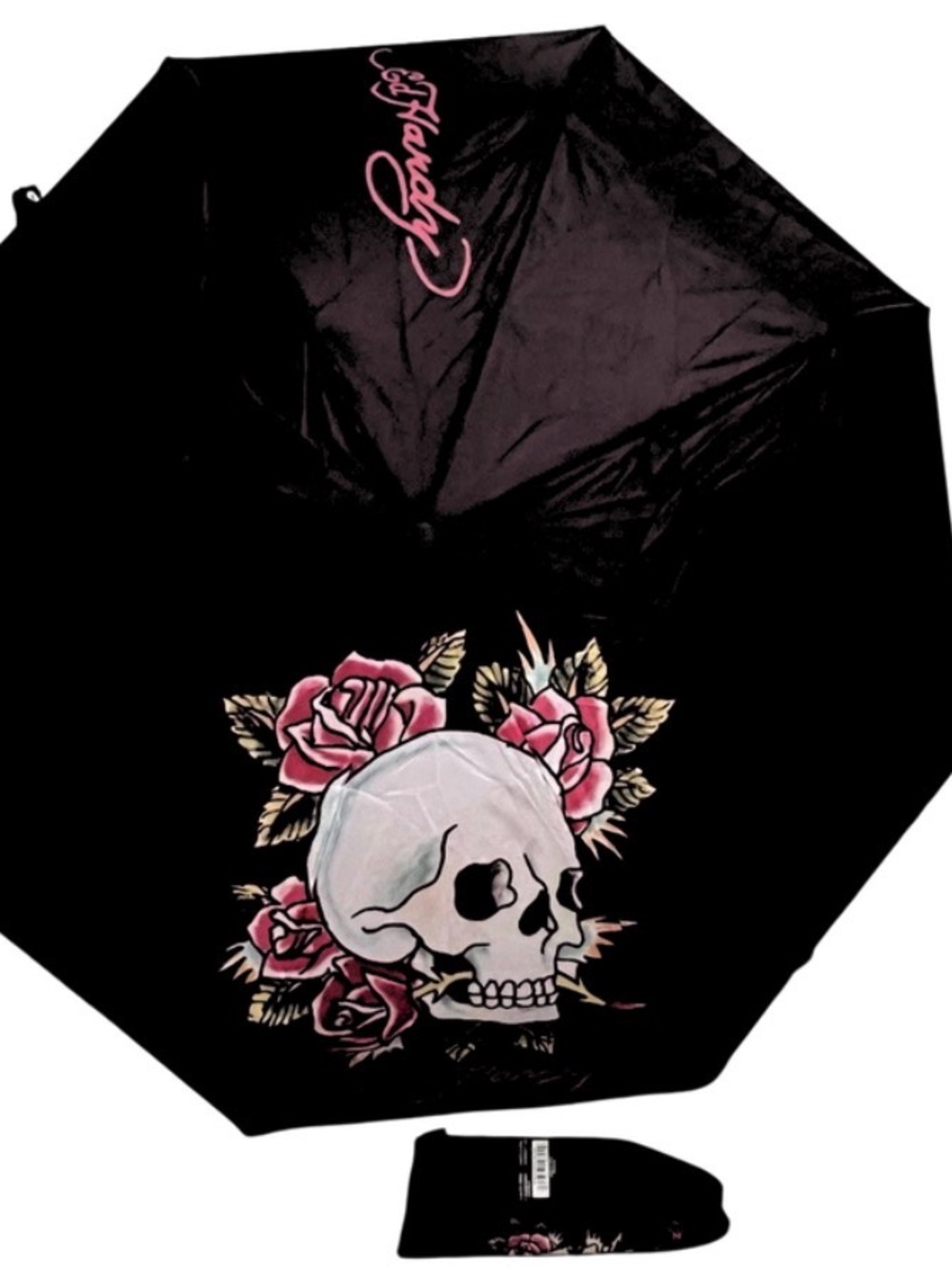 Ed Hardy Skull Print Compact Umbrella, tattoo-style graphic of a skull&roses NWT